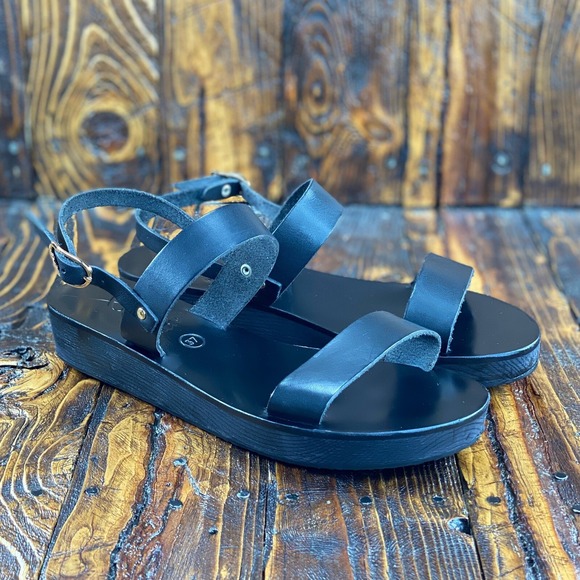 Ancient Greek Women's Clio Sandals Platform Black Leather Size 37 / US 7 At $220 - Picture 1 of 9